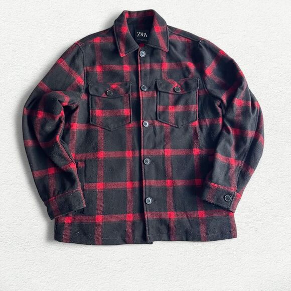 Zara Red and Black Plaid Shirt Jacket Flannel Shacket - Picture 1 of 4